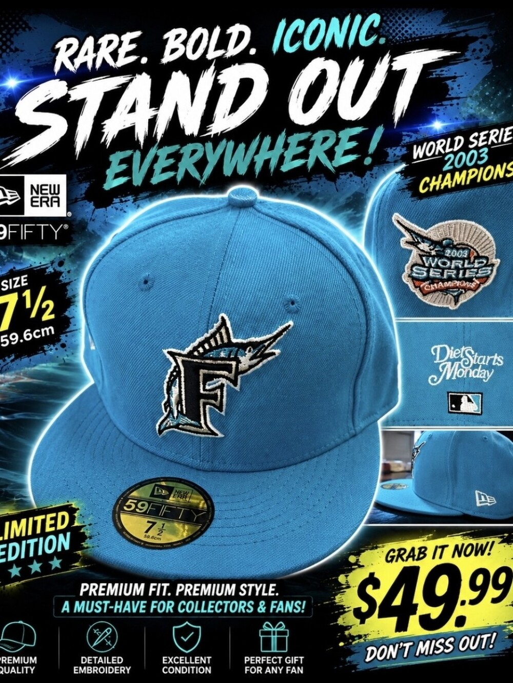 New Era 59Fifty FLORIDA MARLINS Fitted Hat CAP Size 7 1/2 MLB